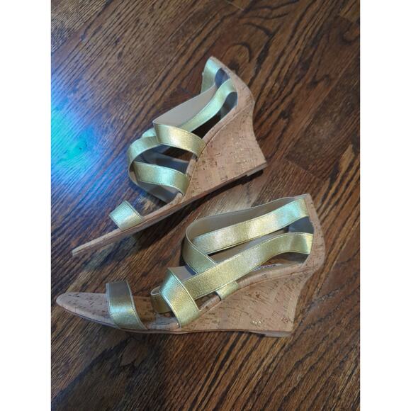 Manolo Blahnik Glassa Gold Metallic Cork Wedge Sandals - Picture 5 of 7